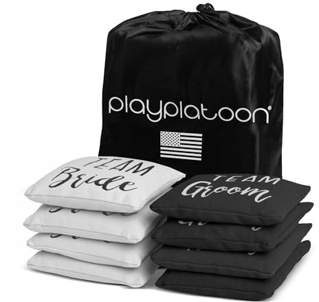 Play Platoon Weather Resistant Cornhole Bags - Set of 8 Regulation Corn Hole Bean Bags - Team Bride & Team Groom Wedding Theme - Durable Duck Cloth Corn Hole Bag for Tossing Game, Includes Tote Bag