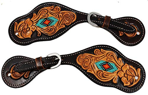 Horse Western Riding Tooled Leather Beaded Cowboy Boots Spur Straps 74RT03
