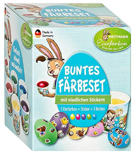 Heitmann Eierfarben-Set - fünf Kaltfarben - Färbetabletten und Sticker - lustige Gesichter - freche Eierköpfe - Ostereier verzieren, 1007239