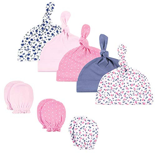 Hudson Baby Unisex Baby Cotton Cap and Scratch Mitten Set, Blue Pink Floral, 0-6 Months