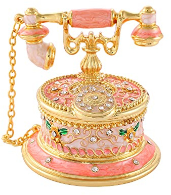 QIFU Hand Painted Pink Telephone Style Enameled Jewelry Trinket Box with Hinged Unique Gift for Home Decor