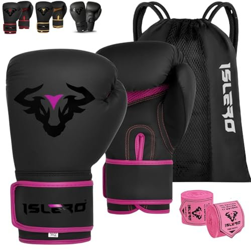 Islero EVO Fitness Boxhandschuhe für Herren, Boxsack, Damen, Pink, MMA, Muay Thai, Kampfsport, Kickboxen, Sparring, Training, Kampfhandschuhe mit Handbandagen (227 g, Rosa)