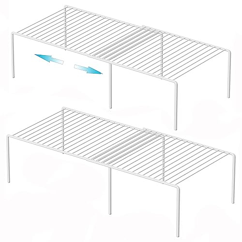 iPEGTOP Set of 2 Expandable Kitchen Cupboard Organiser, 4-Piece Adjustable Freezer Cabinet Storage Wire Shelf Rack Rustproof Metal Shelves Space Saver for Countertop Pantry Drawer Utensils (White)