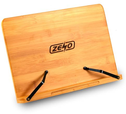 ZENO Book Stand | Recipe Cookbook Stand for Kitchen | Reading Holder With 2 Metal Page Holders | Foldable & Adjustable Bamboo Stand