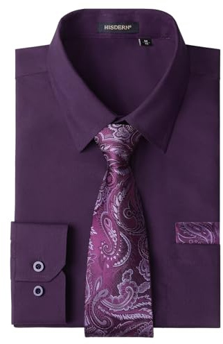 HISDERN Men's Purple Shirts Long Sleeve Smart Formal Plain Dress Shirt and Tie Set Business Casual Wedding Regular Fit M
