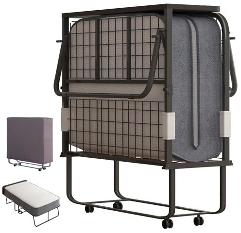 BALUS Folding Bed with Mattress, 75 x 31 Rollaway Bed with Headborad & Dustproof Bag, Portable Fold Up Beds with 5 Rebound Mattress, 2 Locking Caster Foldable Twin Frame for Bedroom/Office（Upgrade）