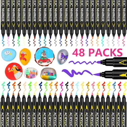 Laconile 48 Acrylstifte für Steine Wasserfest,Acryl Marker Farbe Marker für Glas Stein Holz Keramik,Dual Tip Acryl Stifte mit feiner und Pinselspitze für Erwachsene Kinder