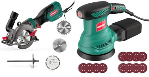 Scie Circulaire, HYCHIKA 750W 3500RPM Petite Scie Circulaire, 3 Lames(115 & 125mm) & Ponceuse Excentrique, HYCHIKA 6 Vitesses Variables 300W 13000RPM Ponceuse Orbitale