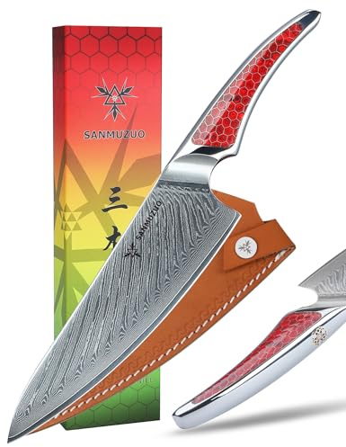 SANMUZUO Coltello da Chef da 20CM, giapponese VG-10 Coltello da cucina in acciaio damasco, coltello da cucina ultra affilato con impugnatura a codolo intero in resina Rosso, serie LA-S9