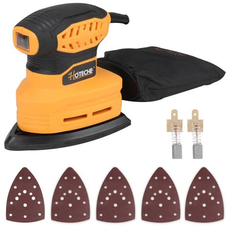 Hoteche 160W Deltaschleifer - Leistungsstarke Schleifmaschine für Holz, Möbel & DIY - 13000rpm, Selbstabsaugung, 140x140x80mm Platte, inkl. Carbonbürsten, 5 Schleifblätter & Staubbeutel