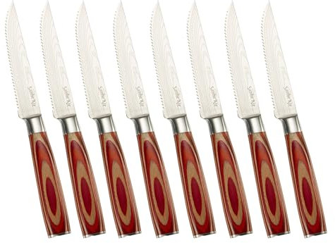 SanheKit Couteaux à Steak, Set de 8 Pièces, Acier Inoxydable Allemand 5cr15MoV, Manche en Bois, Lame Dentelée