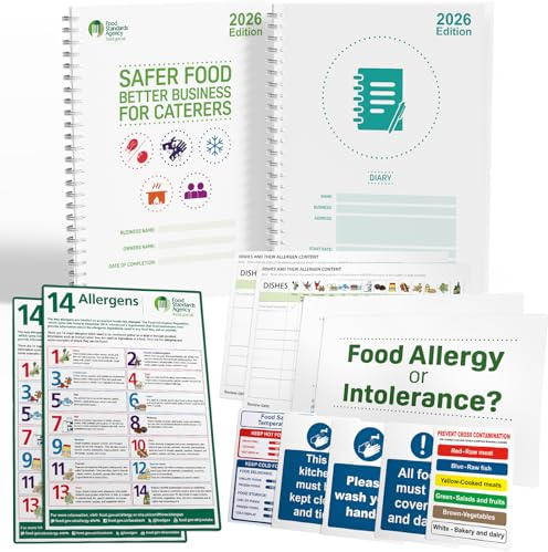 Safer Food Better Business, 13-månaders dagbok mathygien journalbok, matsäkerhet bokkit inklusive matallergi och kökssäkerhetsskyltar för catering restauranger och takeaways