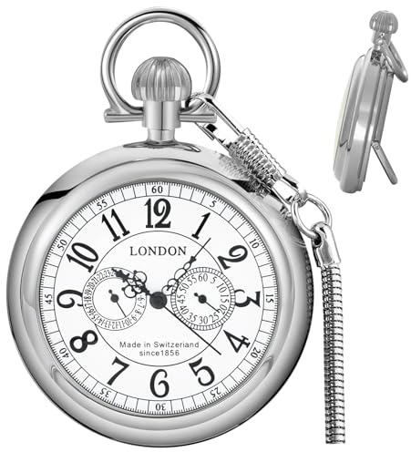 Tiong Stainless Steel Bracket Design London Mechanical Pocket Watch Silver Steampunk Men's Pocket Watches with Chain for Men