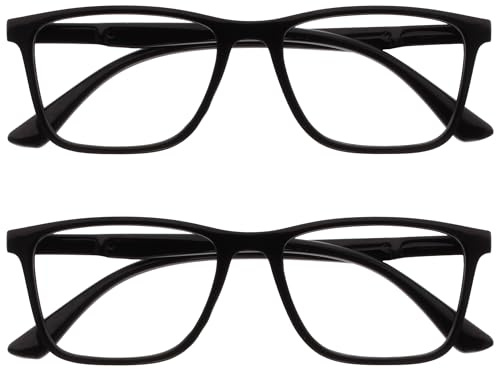 OPULIZE NYX Reading Glasses with Blue Light Blocking for Women Men, Rectangular Frame with UV & Eyestrain Protection, Anti-Glare Computer Gaming Glasses, Black +2.0 (Pack of 2)
