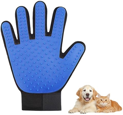 Hsyadazi Guante Cepillo para Mascotas (Mano Derecha) + Peine antipulgas - Guante para el Cuidado del Pelaje de Perros y Gatos - con protuberancias de Masaje para Pelo Corto/Largo (Azul)