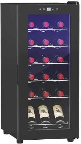 HOMCOM Cave à vin 18 bouteilles 50L réfrigérateur à vin silencieux avec porte en verre, étagères réglables, éclairage LED, écran tactile numérique, frigo vin contrôle de la température 5-18°C, noir