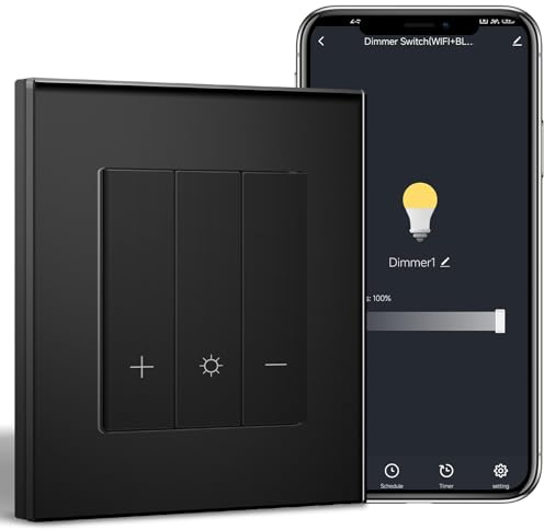 BSEEDLIFE Smart Interrupteur de Réglage de la Luminosité de la Lumière Intelligent Mural,WiFi Interrupteur Encastré 1 Gang 86 * 86mm,Compatible avec Alexa et Google Home,Noir