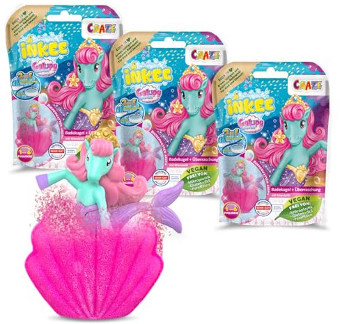 INKEE GALUPY MERMAID Confezione da 3 | Pallina da bagno sirena con sorpresa, bomba da bagno per bambini a forma di conchiglia con figurine di sirena e aroma di zucchero filato
