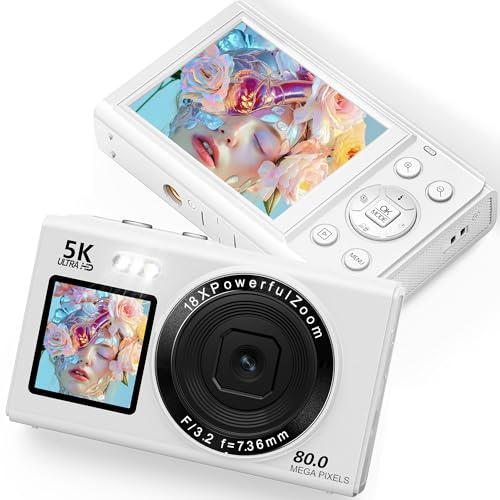 5K 80MP Camara de Fotos con WiFi, Pantalla LCD de 2.4'' y Pantalla para Selfie de 1.5'', Zoom Digital 18X, Tarjeta SD de 32G, Vlog Cámara Fotografica Compacta para Adolescentes Principiantes (Blanco)