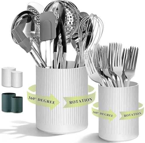 HOMQUEN 360 ° drehbarer Geschirrhalter, 16 + 12cm Tischplatte Kunststoff Küchenutensilienhalter, Küchendekoration mit großer Kochgeschirrschalle, küchenutensilienhalter, 2 Stück (weiß)