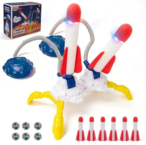 Rocket Launcher, Adjustable Dueling Launch Stand with 6 Foam Light Up Rockets, Fun Backyard & Outdoor Foot Stomp Toys Gifts for Birthday, Air Powered High Flying Toy Blaster Set Up to 115 Feet