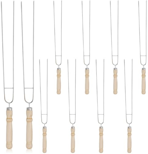 LOORGVEL Spiedini in Acciaio Inox 10 Pezzi Manico in Legno, Spiedo Riutilizzabile per Griglia, Accessori Barbecue Portatili per Cottura All’aperto e Famiglia