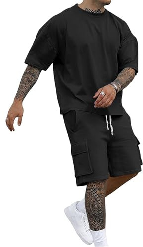 QUNERY Tuta Uomo Estiva Jogging Casual Completino 2 Pezzi Casual Traspirante Abito T-Shirt Allentato Spiaggia Nero XL