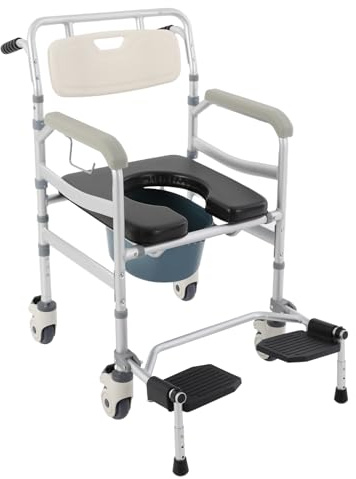 Silla de baño ajustable hasta 172 kg con cubo, altura regulable de 91,5 a 96,5 cm, silla de inodoro plegable con patas plegables y ruedas de 3,9 pulgadas, silla de ruedas para ancianos/discapacitados