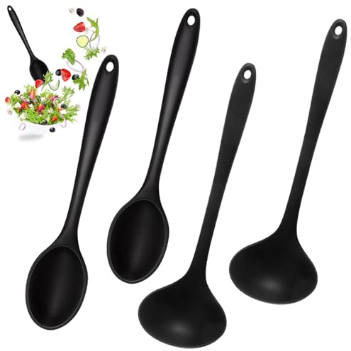 Juego de 4 Cucharones de Cocina Silicona de Mango Largo, Cuchara Silicona Cocina, Ideales para Remover Mientras se Cocina, Aptas para el Lavavajillas, Sin BPA (2 Pequeñas y 2 Grandes, Negro)