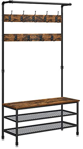 VASAGLE DAINTREE 3-in-1 Entryway Coat Rack and Storage Bench, Pipe Style Hall Tree with 9 Hooks, Multifunctional, Sturdy Steel Frame, Large Size, Industrial, Rustic Brown and Black UHSR47BX