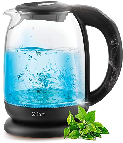 Bouilloire en verre 1,7 l - 2200 W - Acier inoxydable avec choix de température - 100 % sans BPA - Éclairage LED à changement de couleur - Réglage de la température (60 °C à 100 °C)