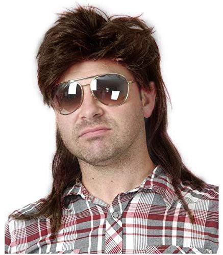 Perücke Männer Braun Vokuhila 80er Mullet Lang - Synthetische Haare für Herren Cosplay Halloween Kostüm Party