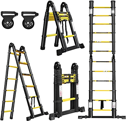 UISEBRT Escalera telescópica Plegable de Aluminio Multiusos de 3,8 m, Escalera de Aluminio Antideslizante, Escalera Deslizante, máx. 150 kg, Capacidad de Carga, Color Negro (1,9 + 1,9 m)