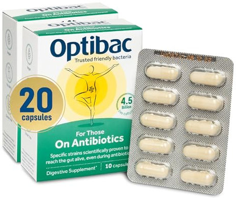 Optibac Probiotics for Those on Antibiotics - Vegan Digestive Probiotic Supplement - Lactobacillus Specifically Researched Alongside Antibiotics - Most Recommended Brand - 20 Capsules