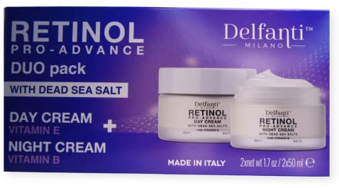 Delfanti-Milano • RETINOL PRO-ADVANCE • Anti-Aging DUO pack • Day + Night Creams • Face and Neck Moisturizers with Dead Sea Minerals and Vitamins E and B • Made in Italy