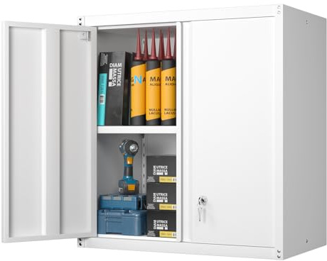 GREATMEET Locking Metal Wall Cabinet, Metal Storage Cabinet with 2 Shelves, Wall Mount Cabinet with Lock, Floating Garage Cabinets with Adjustable Shelf