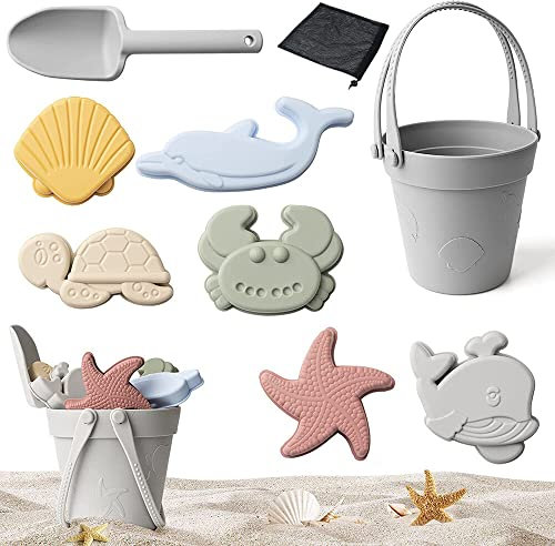 KUWUNG Sandspielzeug Set Silikon, Sandkasten Spielzeug aus Silikon, Sandspielzeug-Schaufel und Eimer-Set, Nachhaltiges Sandeimer Tier Sandförmchen, Strandspielzeug Set für Jungen Mädchen, Grau