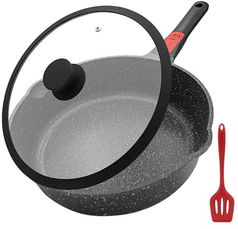 AIKENBBKK Aluminum Nonstick Frying Pan 28cm with Lid, Non Stick Skillet with Removable Handle, Deep Saute Pan for All Hobs, Oven Safe (Black)