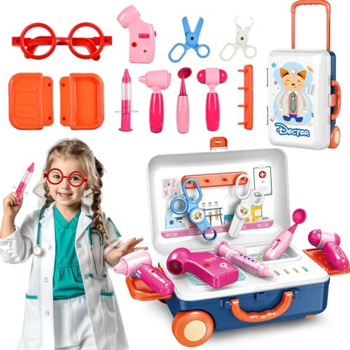JONRRYIN Arztkoffer Kinder, Doktorkoffer Kinder, Doktor Spielset mit Stethoskop Spritze Thermometer, Tragbare Arzttasche Rollenspiel Kit Kinder Doktorspiele Spielzeug ab 3 4 5 Jahre