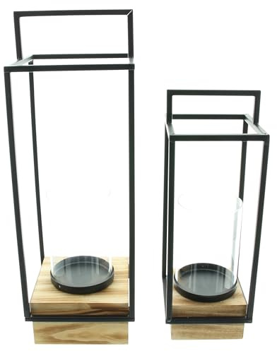 Laterne Industrial Modern, 2er Set, Metall, Mattschwarz, Holz Maße: 12 x 12 x 35 cm, 15 x 15 x 45 cm, Glaszylinder Ø 9 x 13 cm, ohne Kerzen
