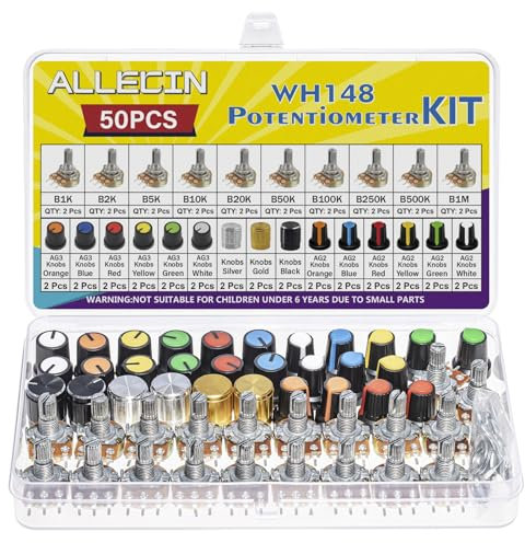 ALLECIN 10 Werte Potentiometer Mono Linear B1K B2K B5K B10K B20K B50K B100K B250K B500K B1M WH148 Drehpotentiometer 3 Klemmen B Typ Taper Einzelpotentiometer mit Muttern und Unterlegscheibe und Knopf