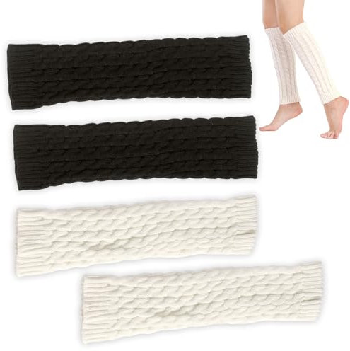HSLPSM 2 Paar Stulpen Damen, Beinstulpen, Lange Beinwärmer Frauen, Leg Warmers, Crochet Stricken Stulpen Beinwärmer Kniestrümpfe für Ballett Yoga Fitness (Schwarz,Weiß