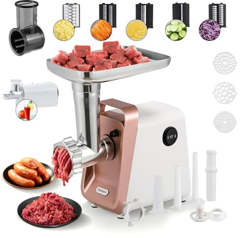 Huanyu Hachoir Électrique Râpe à Fromage Électrique Multi-fonctions Hachoir a Viande avec Poussoir a Saucisse Coupe-légumes Électrique Machine à Purée de Tomates Électrique (Blanc)