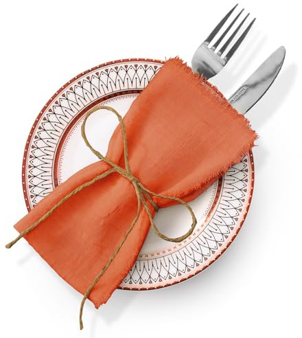 Servilletas de algodón y lino, juego de 6 piezas, servilletas cuadradas para bodas, fiestas, estilo occidental, decoración de mesa, servilleta de tela de algodón con borde crudo 【naranja + 42 x 42 cm