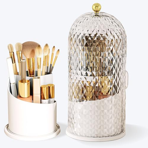 JIANGLAI Makeup Brush Holder with Lid, 360 Rotating Multifunction Clear Dustproof Skincare Cosmetic Tools Storage Organizer for Vanity Desktop Bathroom Countertop (White)