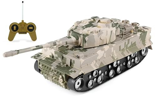 Carro Armato Radiocomandato Grande cm 28 con Luci Suoni Effetti Sonori Torretta Girevole 360° Battle Tank RC Veicolo Militare Camouflage Giocattolo