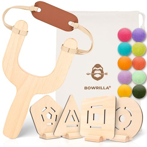 BOWRILLA® Lance-pierres pour enfants avec 10 balles douces et 4 cibles en bois | Zwille pour enfants – idéal pour les jeux d’intérieur et d’extérieur | Ensemble complet de lance-pierres pour enfants