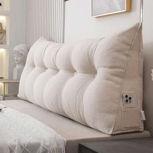 Generisch Bett Rückenkissen Wand, Keilkissen Lendenkissen Für Bett Und Sofa, Dreieckiges Rückenlehnenkissen Für Kopfteil, Weiches Lordosenstützkissen Kissen Mit Waschbarem Bezug,Beige,200x50x20cm