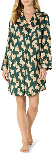 Amazon Essentials Camisón de Dormir de Satén con Botones Mujer, Verde Oscuro Beige Cebras, XS