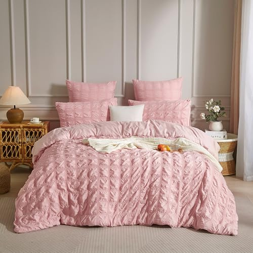 Luowei Juego de ropa de cama con funda nórdica de 155 x 220 cm, diseño a cuadros, color rosa, suave y sin necesidad de planchado, conjunto estético, refrescante para verano, funda nórdica de 155 x 220